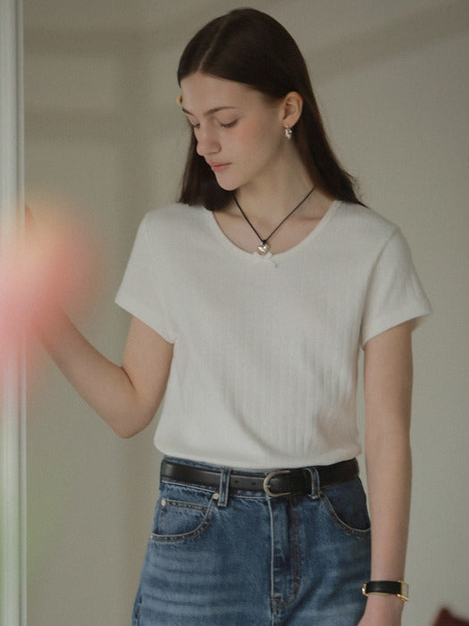 [TILLIDIE] Ribbon point half sleeve eyelet t-shirt_Ivory