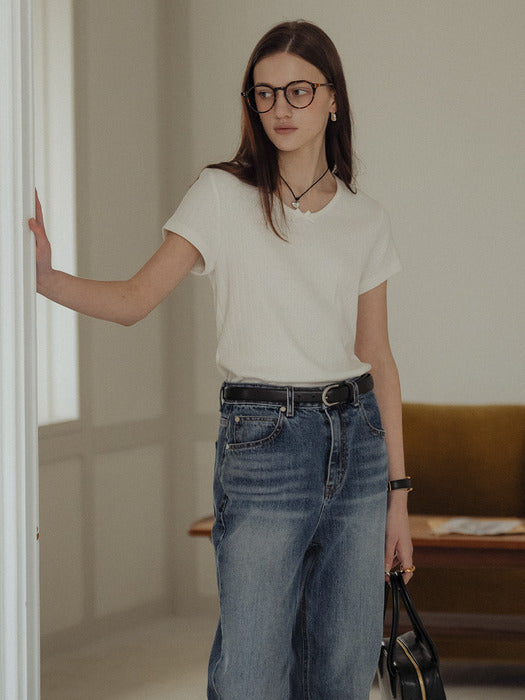 [TILLIDIE] Ribbon point half sleeve eyelet t-shirt_Ivory