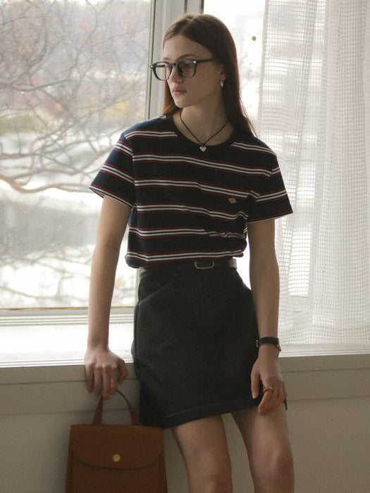 [TILLIDIE] Multi stripe cotton t-shirt_Navy