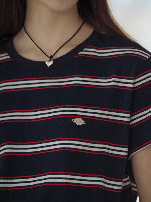 [TILLIDIE] Multi stripe cotton t-shirt_Navy