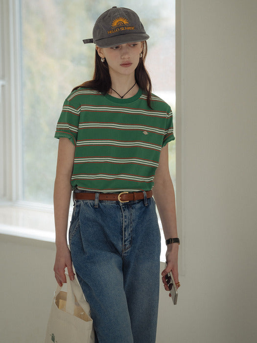 [TILLIDIE] Multi stripe cotton t-shirt_Green