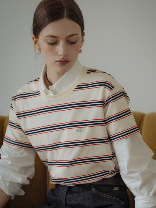 [TILLIDIE] Multi stripe cotton t-shirt_Ivory
