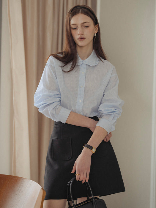 [TILLIDIE] Frill round collar stripe shirt_Blue
