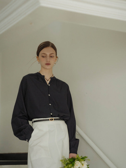 [TILLIDIE] Pure cotton pearl button blouse_Navy
