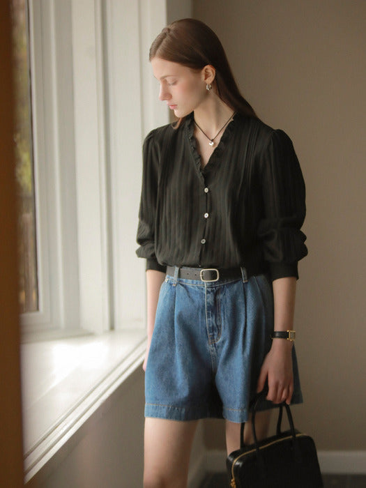 [TILLIDIE] Race texured frill blouse_Black