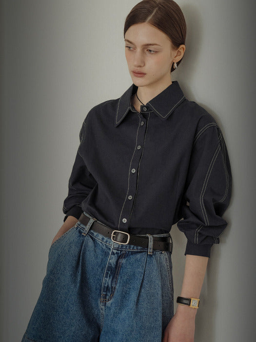 [TILLIDIE] Double stitch volume sleeve bio shirt_Navy