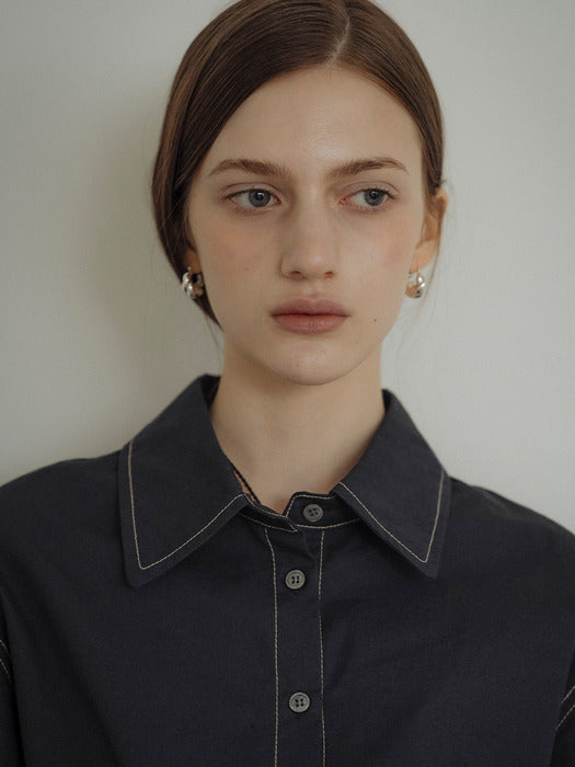 [TILLIDIE] Double stitch volume sleeve bio shirt_Navy