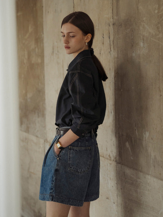 [TILLIDIE] Double stitch volume sleeve bio shirt_Navy