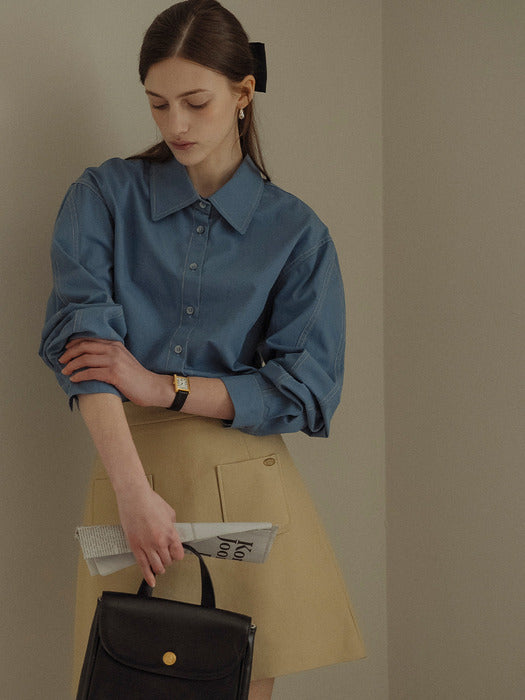 [TILLIDIE] Double stitch volume sleeve bio shirt_Blue