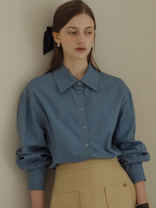 [TILLIDIE] Double stitch volume sleeve bio shirt_Blue