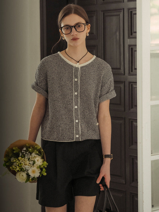 [TILLIDIE] Stripe roll up terry cardigan_Navy