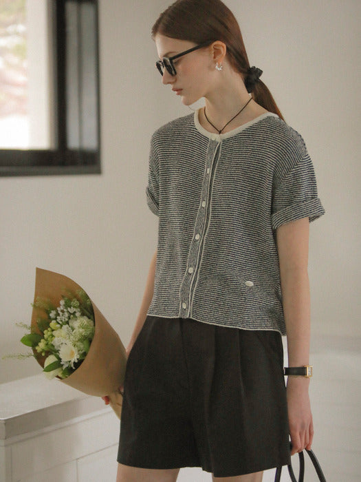 [TILLIDIE] Stripe roll up terry cardigan_Navy