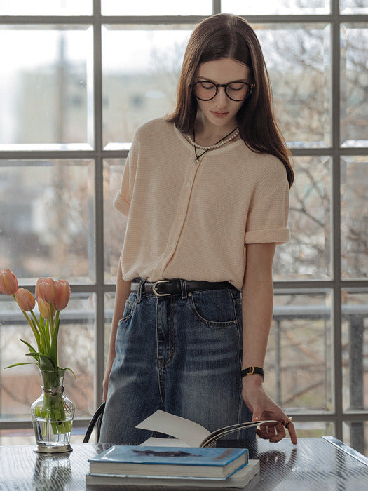 [TILLIDIE] Stripe roll up terry cardigan_Pink