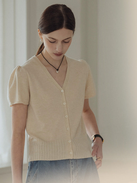 [TILLIDIE] Soft wool half sleeve cardigan_Light beige