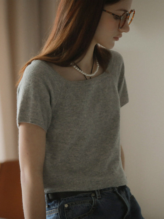 [TILLIDIE] Square neck short sleeve crop knit_Gray