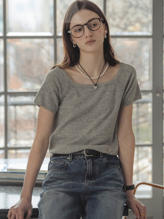 [TILLIDIE] Square neck short sleeve crop knit_Gray
