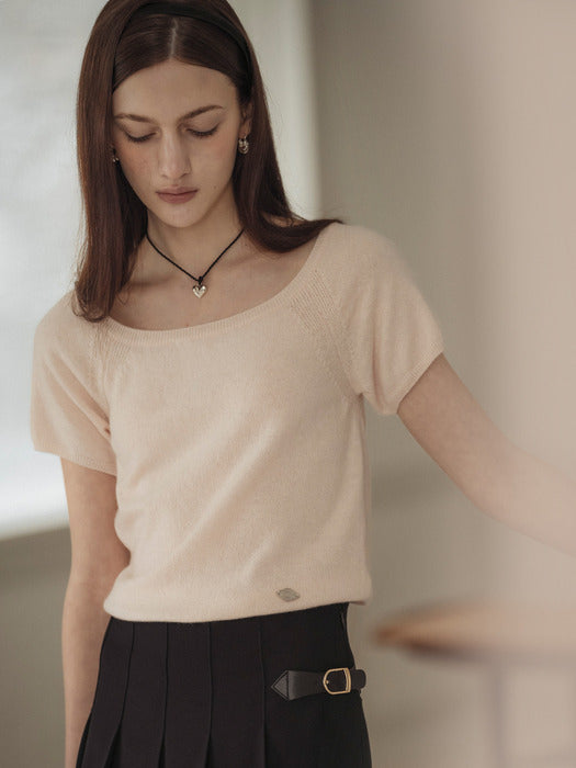 [TILLIDIE] Square neck short sleeve crop knit_Light pink