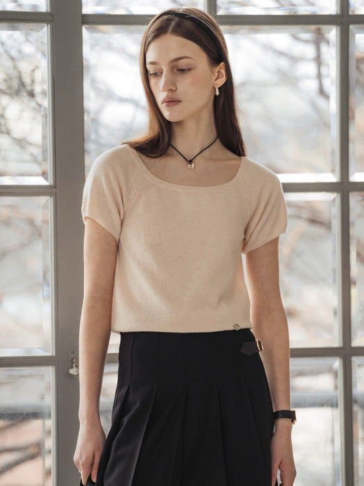 [TILLIDIE] Square neck short sleeve crop knit_Light pink