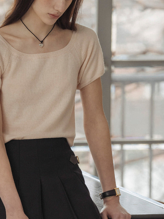 [TILLIDIE] Square neck short sleeve crop knit_Light pink