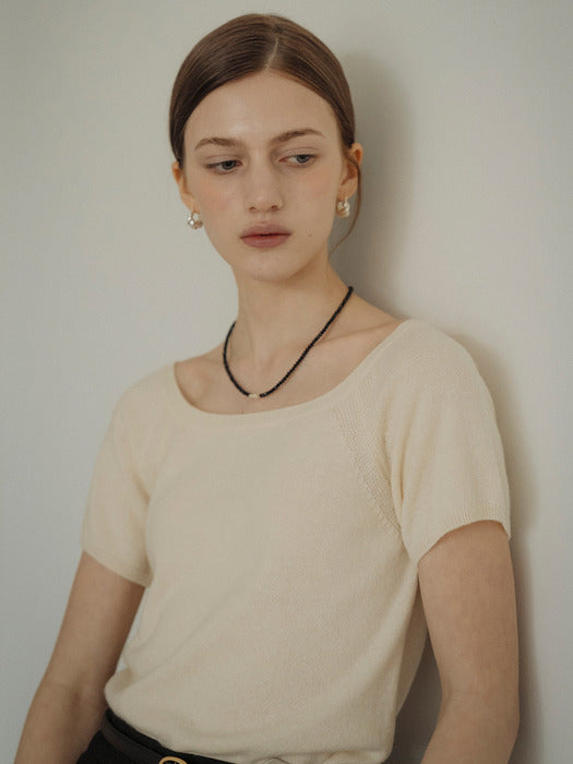 [TILLIDIE] Square neck short sleeve crop knit_Cream