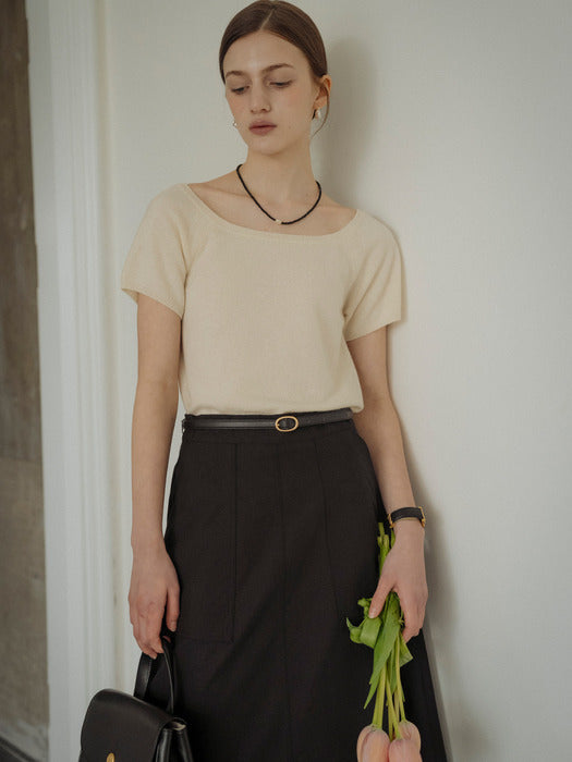 [TILLIDIE] Square neck short sleeve crop knit_Cream