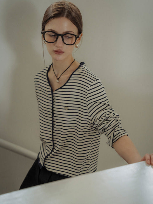 [TILLIDIE] Stripe coloring point cardigan_Black