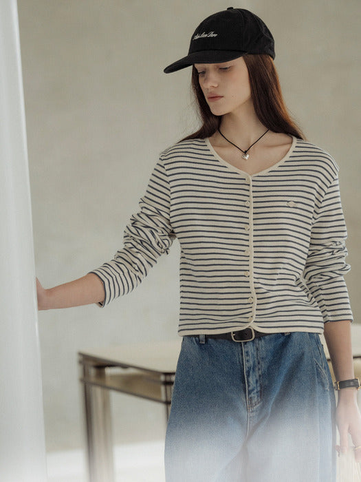 [TILLIDIE] Stripe coloring point cardigan_Blue