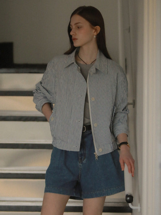 [TILLIDIE] Stripe seersucker bomber jumper_Navy