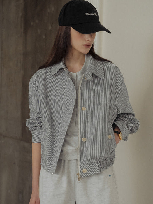 [TILLIDIE] Stripe seersucker bomber jumper_Navy