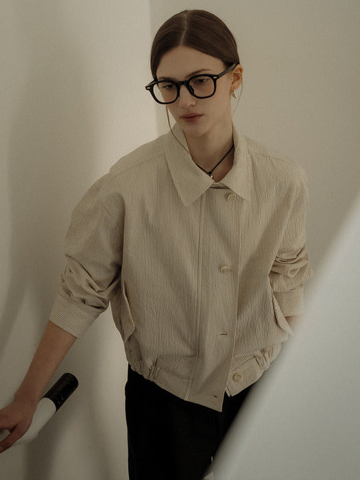 [TILLIDIE] Stripe seersucker bomber jumper_Beige