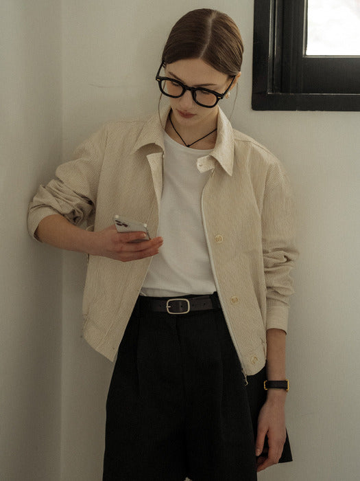 [TILLIDIE] Stripe seersucker bomber jumper_Beige