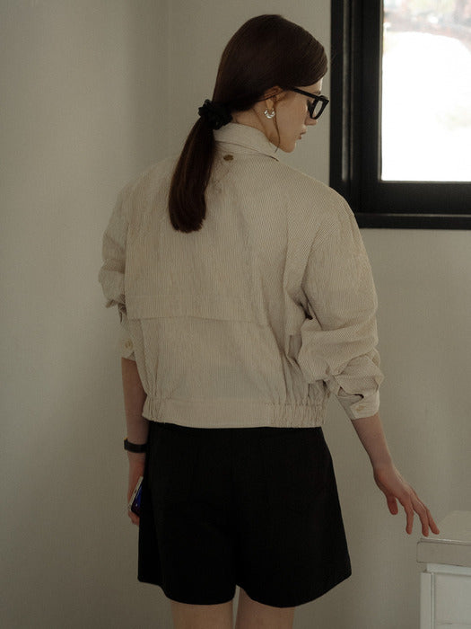 [TILLIDIE] Stripe seersucker bomber jumper_Beige