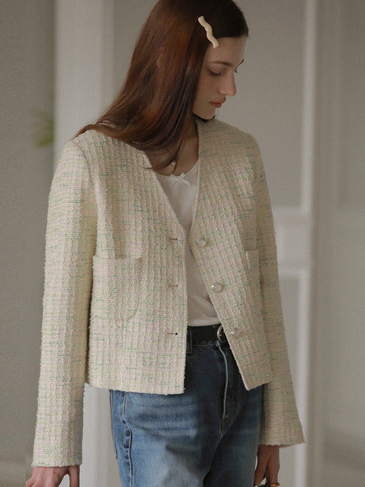 [TILLIDIE] Collarless magical tweed jacket_Multi Ivory