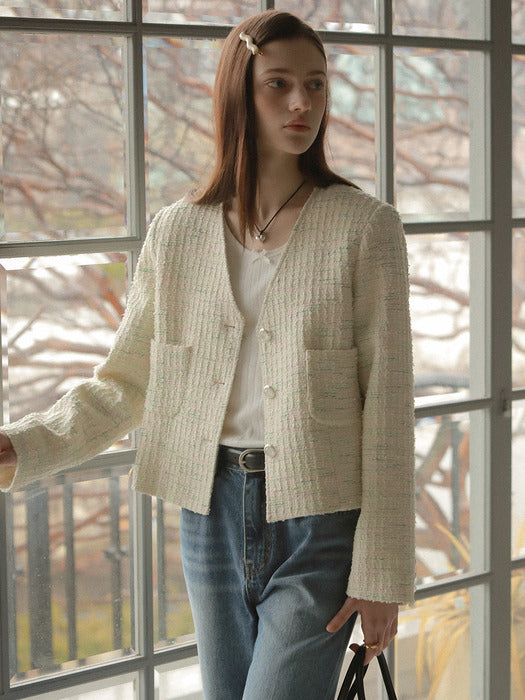 [TILLIDIE] Collarless magical tweed jacket_Multi Ivory