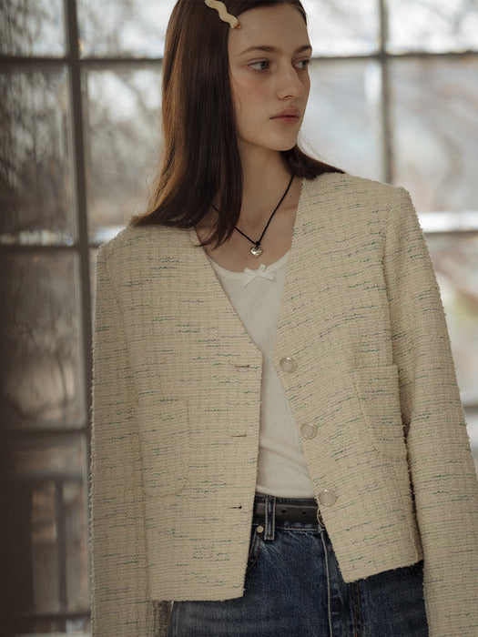 [TILLIDIE] Collarless magical tweed jacket_Multi Ivory