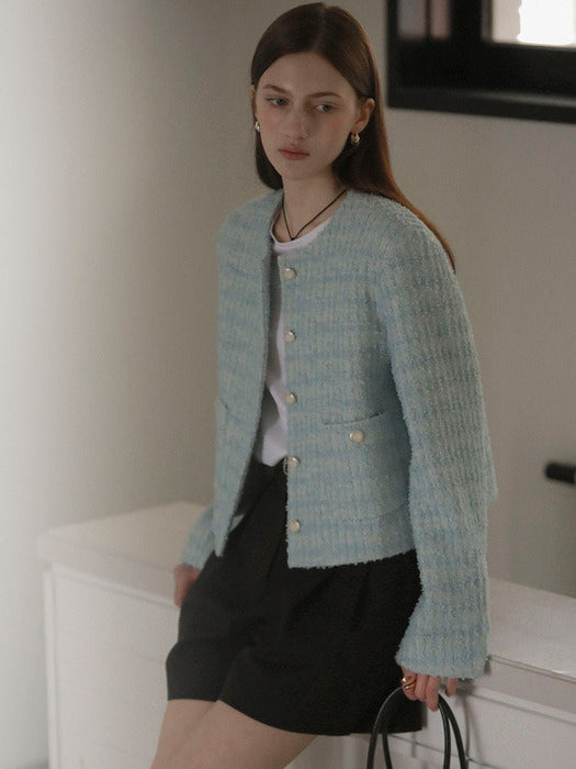 [TILLIDIE] Single breasted nana tweed jacket_Sky blue