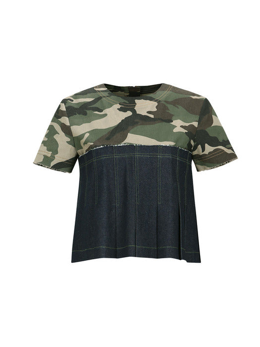 [andersson bell] CAMOUFLAGE PLEATS DENIM TOP atb1092w(KHAKI INDIGO)