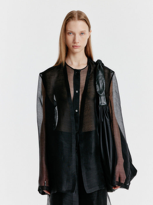 Eenk Yasmin Round-neck Long Jacket - Sheer Black