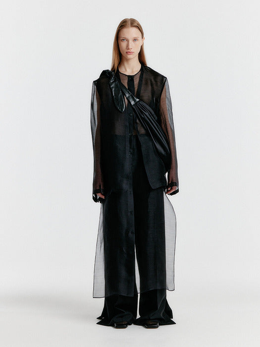 Eenk Yasmin Round-neck Long Jacket - Sheer Black