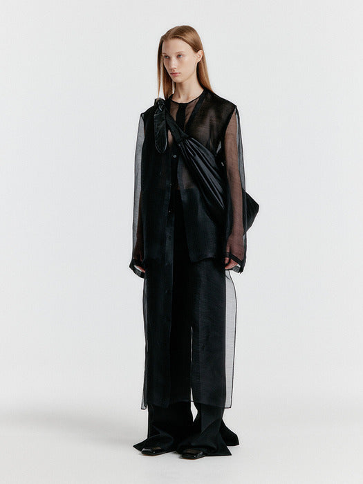 Eenk Yasmin Round-neck Long Jacket - Sheer Black