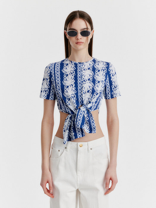 Eenk Yit Lace-printed Slit T-shirt - Blue