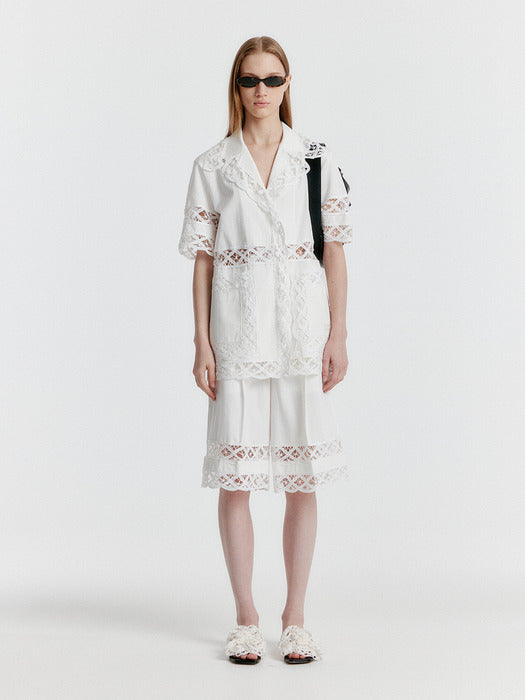 [EENK] Yomita Short Sleeve Lace-trim Shirt - White