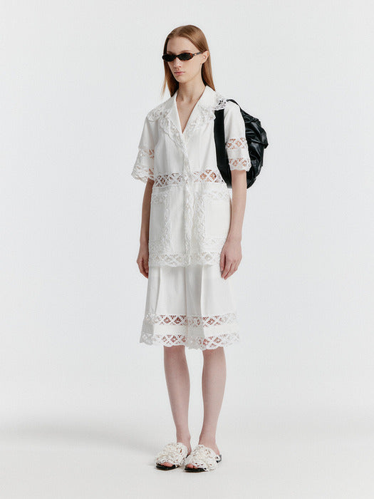 [EENK] Yomita Short Sleeve Lace-trim Shirt - White
