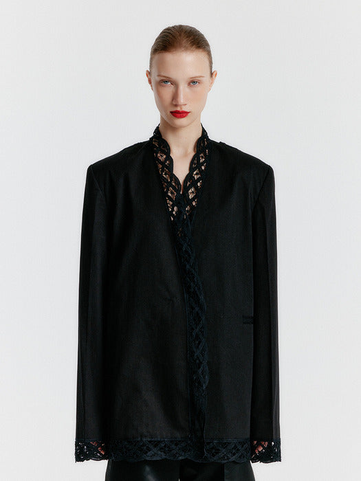Eenk Yoni Adjustable-waist Lace-trim Blouse - Black