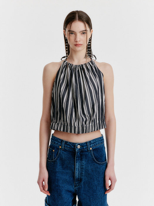 Eenk Yulia Striped Halterneck Top - Black