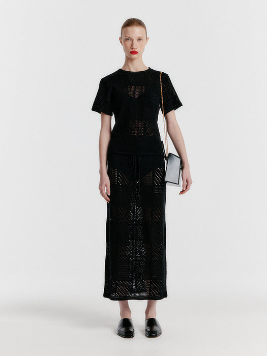 Eenk Yizny Panelled Lace Knit Long Skirt - Black