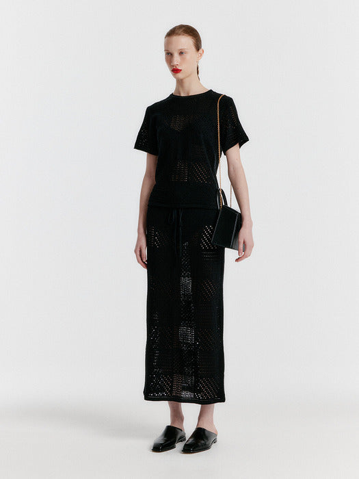 Eenk Yizny Panelled Lace Knit Long Skirt - Black