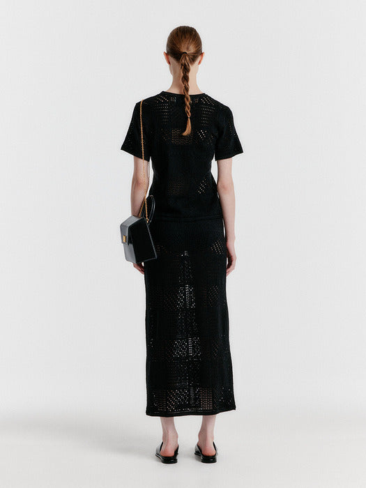 Eenk Yizny Panelled Lace Knit Long Skirt - Black