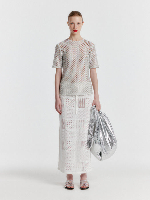[EENK] Yizny Panelled Lace Knit Long Skirt - White