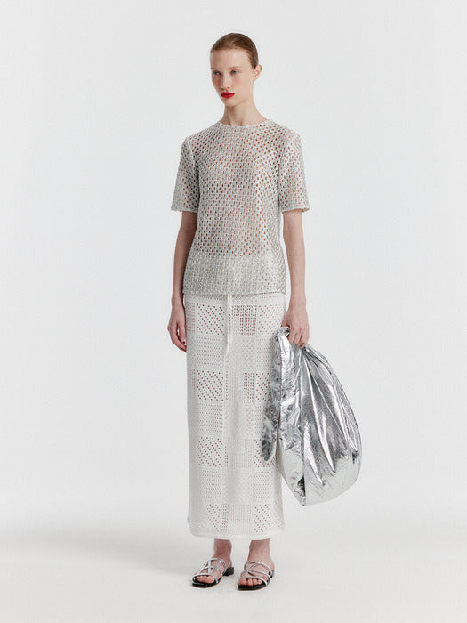 [EENK] Yizny Panelled Lace Knit Long Skirt - White